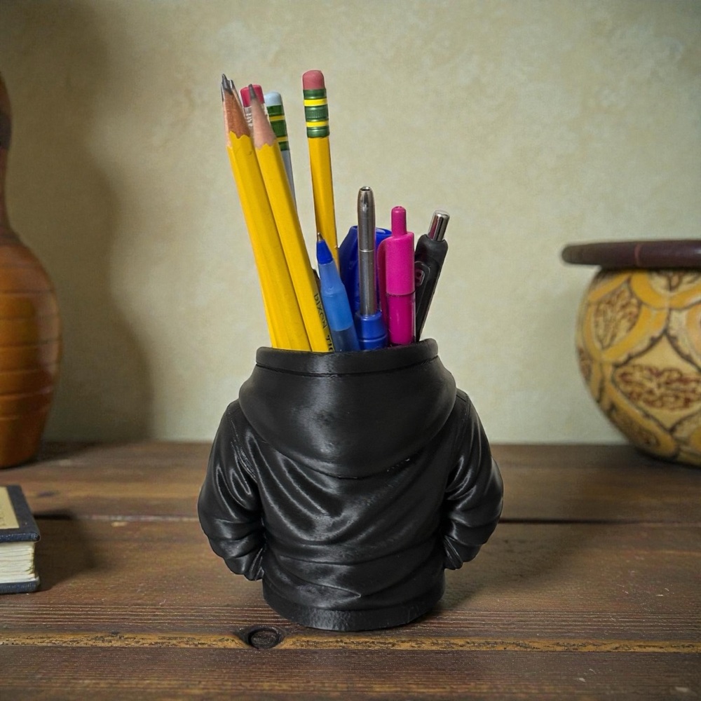Mini Hoodie Pencil Holder 3D Printed Desk Organizer Black PLA Pen Holder Office - Picture 2 of 5